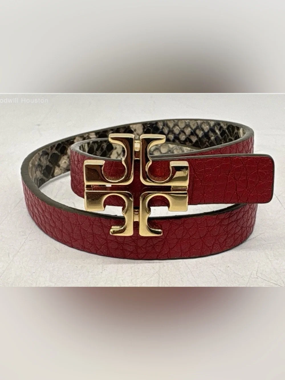Tory Burch Gold Tone Reversible Red/Snake Skin Logo Charm Bracelet